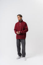 Erkek Respire Yazı Detaylı Yarım Fermuarlı Basic Sweatshirt Bordo