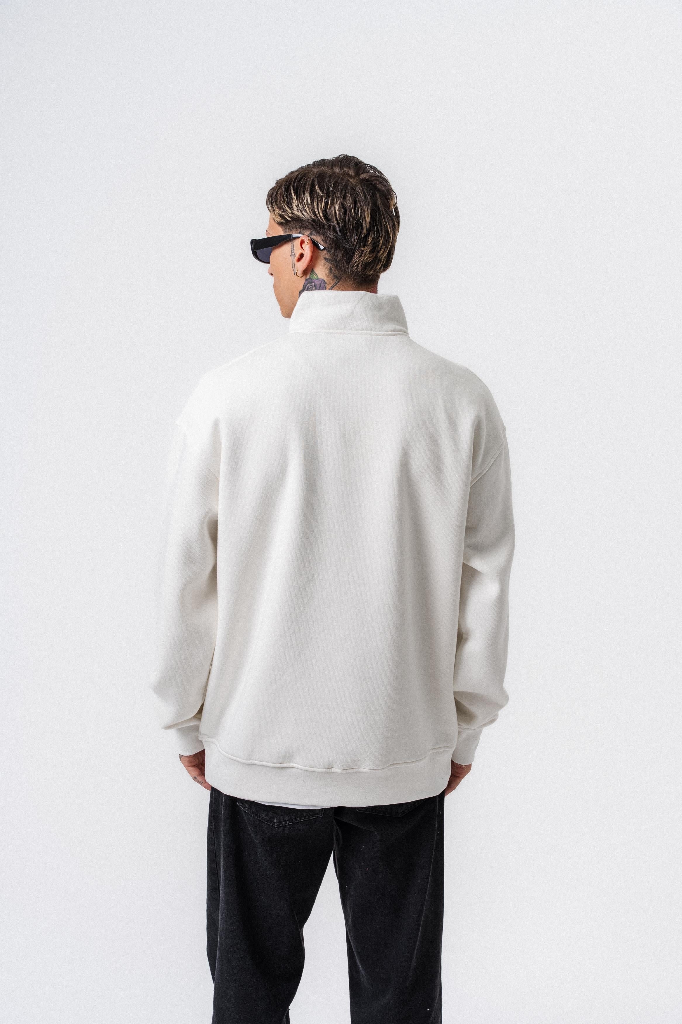 Erkek Respire Yazı Detaylı Yarım Fermuarlı Basic Sweatshirt Ekru