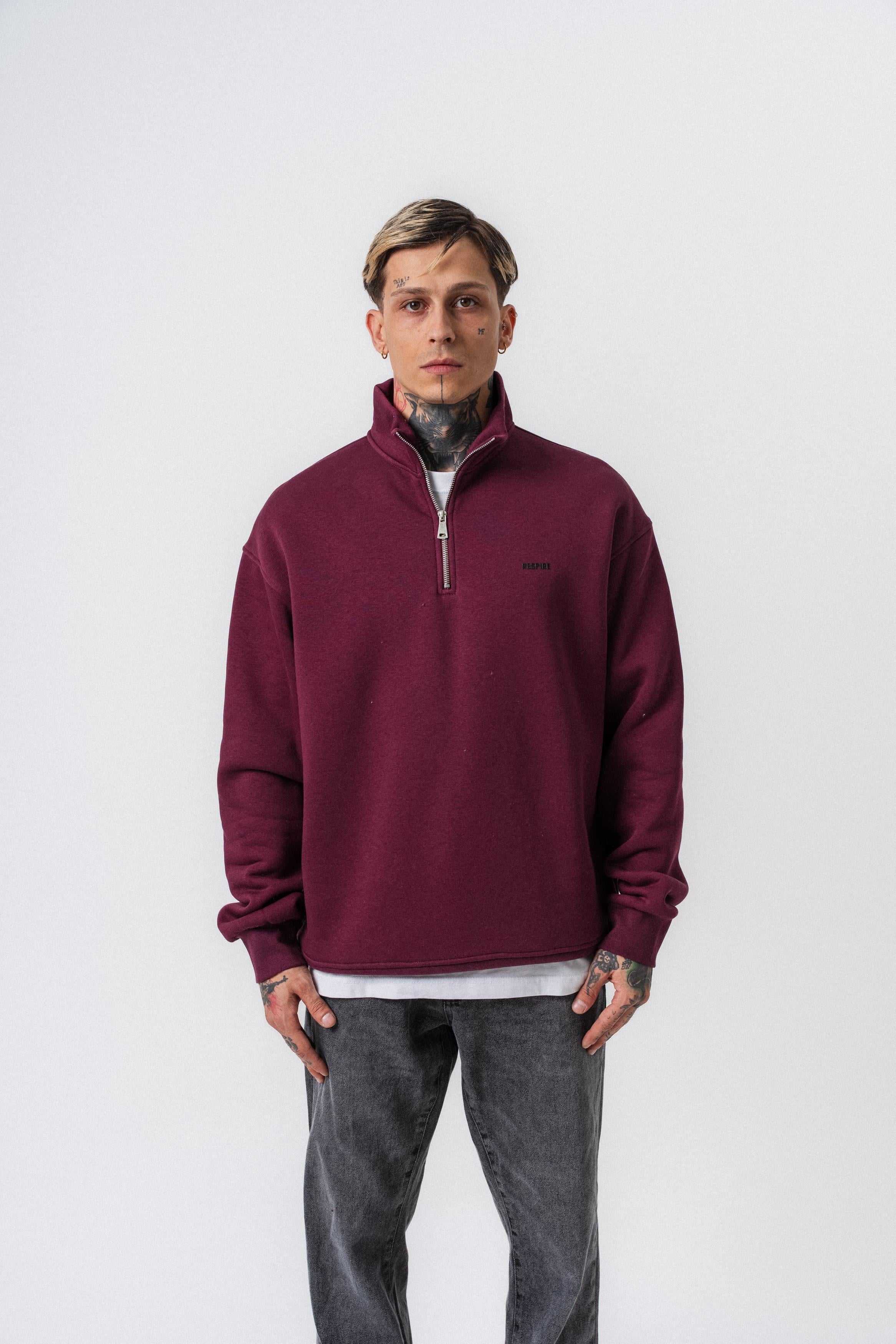 Erkek Respire Yazı Detaylı Yarım Fermuarlı Basic Sweatshirt Vişne