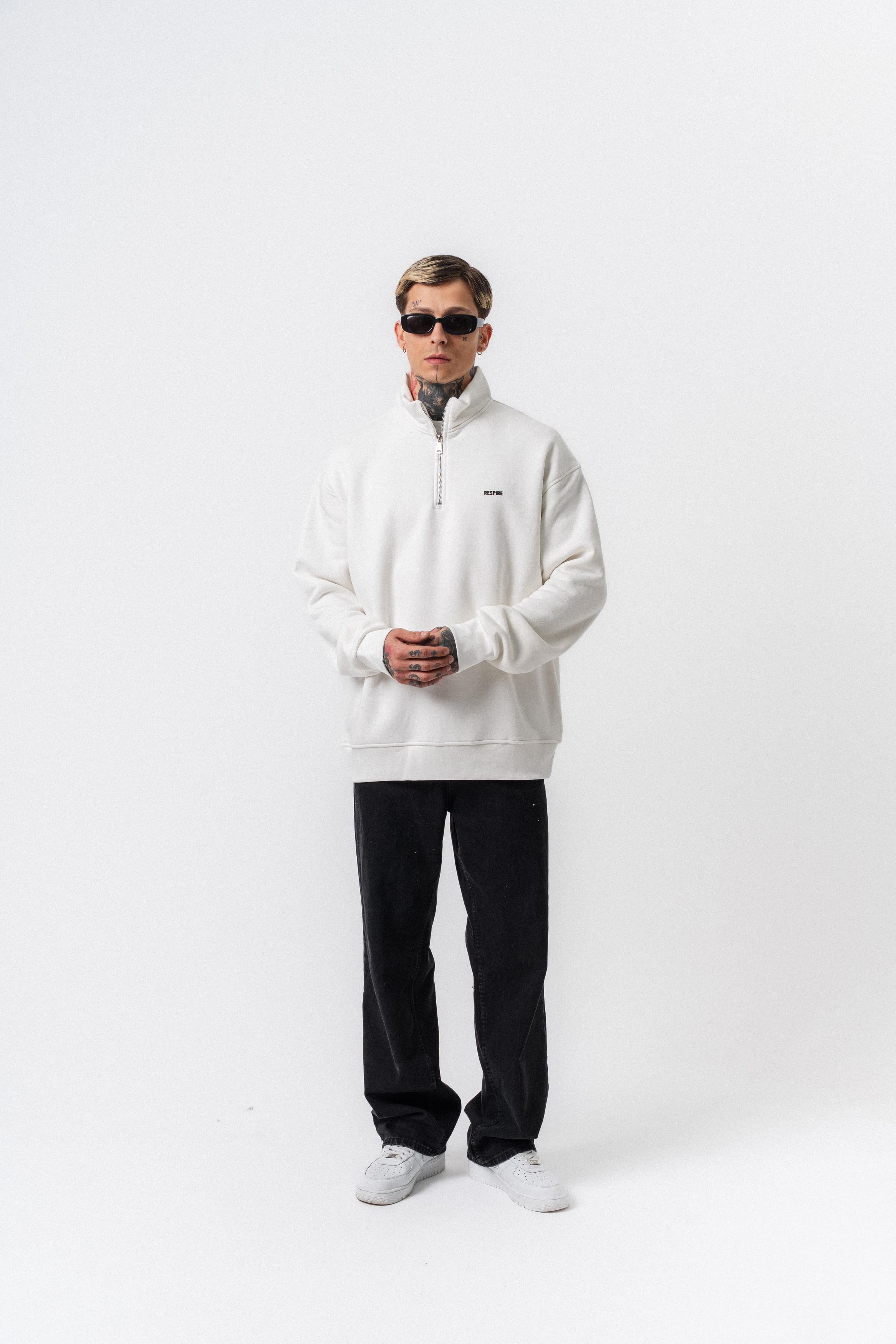 Erkek Respire Yazı Detaylı Yarım Fermuarlı Basic Sweatshirt Ekru