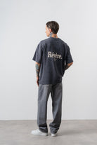 Erkek Revere Nakışlı Yıkamalı Oversize T-Shirt Füme