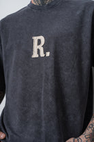 Erkek Revere Nakışlı Yıkamalı Oversize T-Shirt Füme