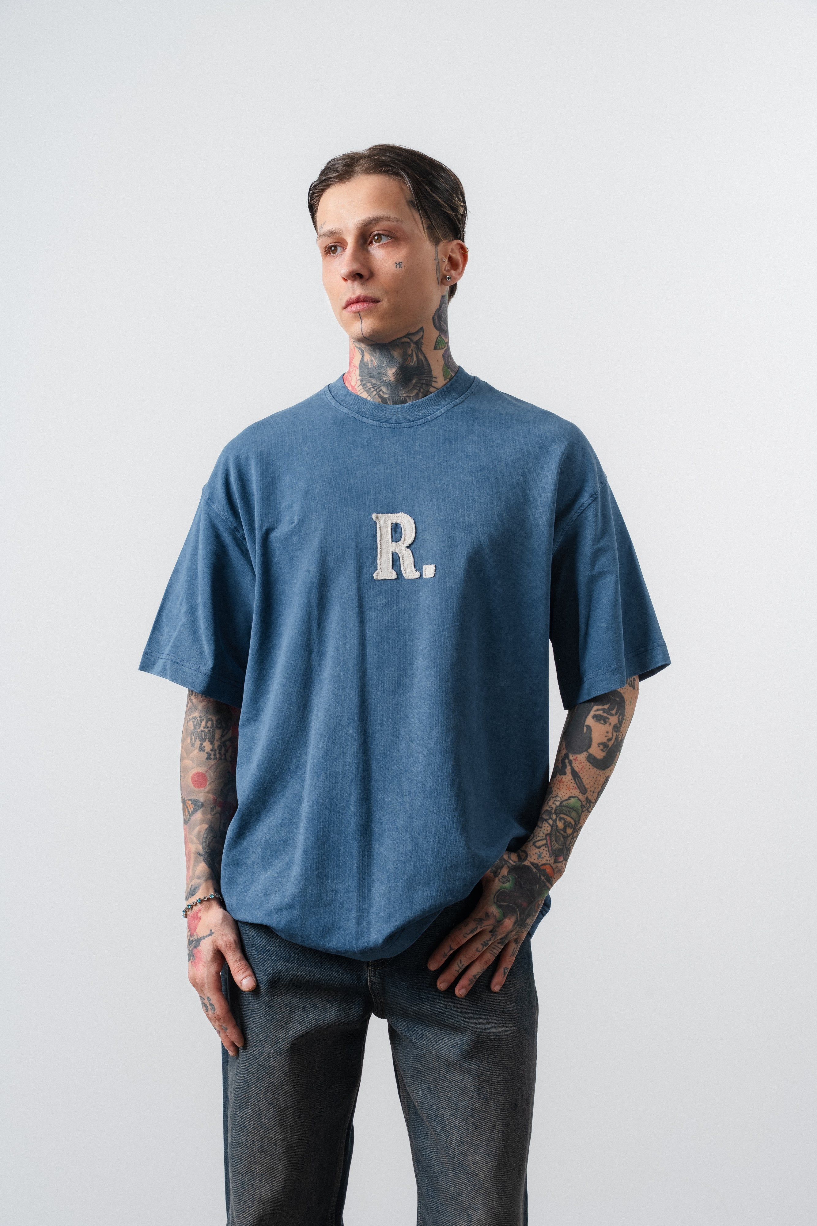 Erkek Revere Nakışlı Yıkamalı Oversize T-Shirt Lacivert