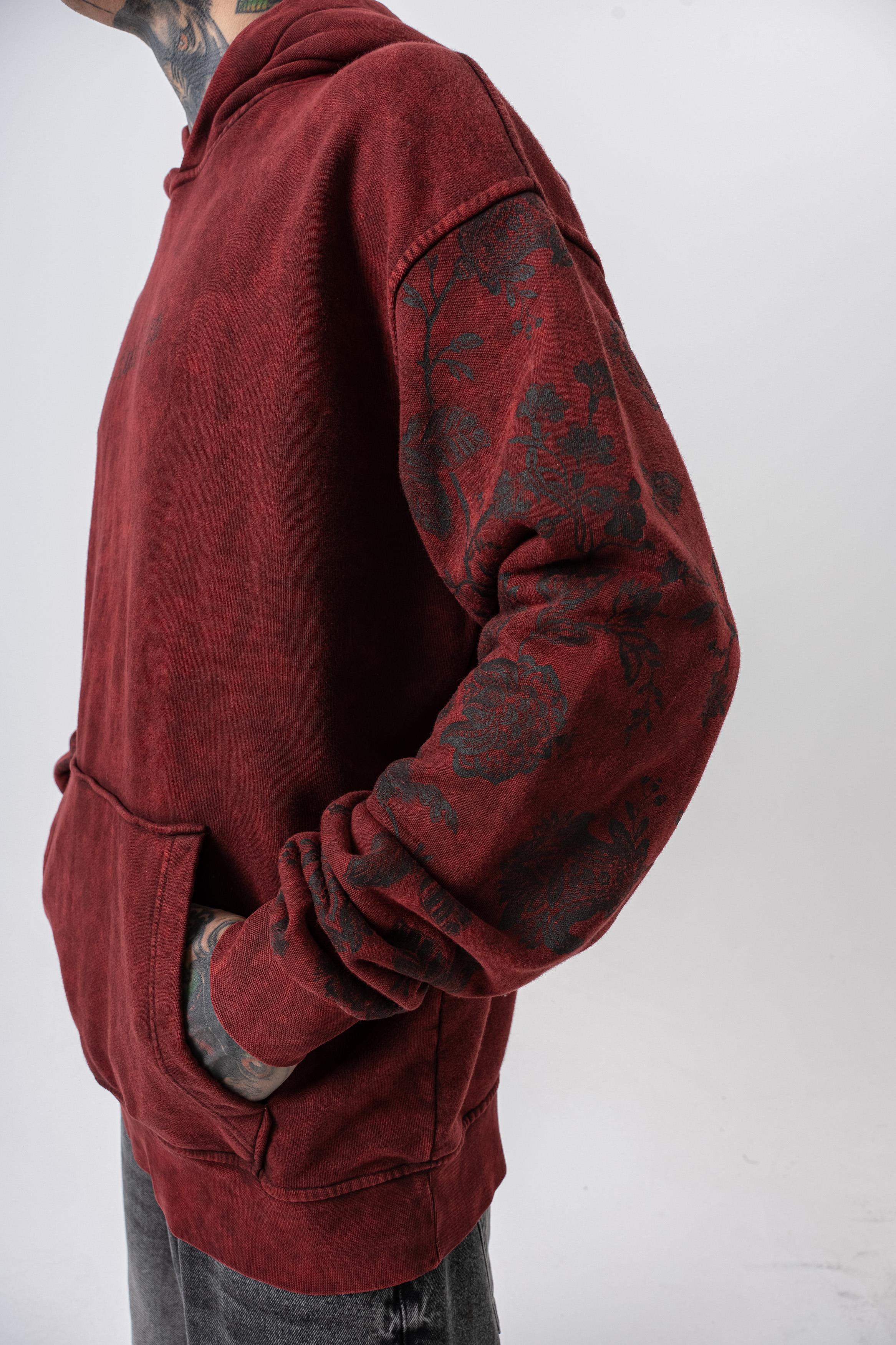 Erkek Root Deep Baskılı Yıkamalı Kapüşonlu Oversize Hoodie Bordo