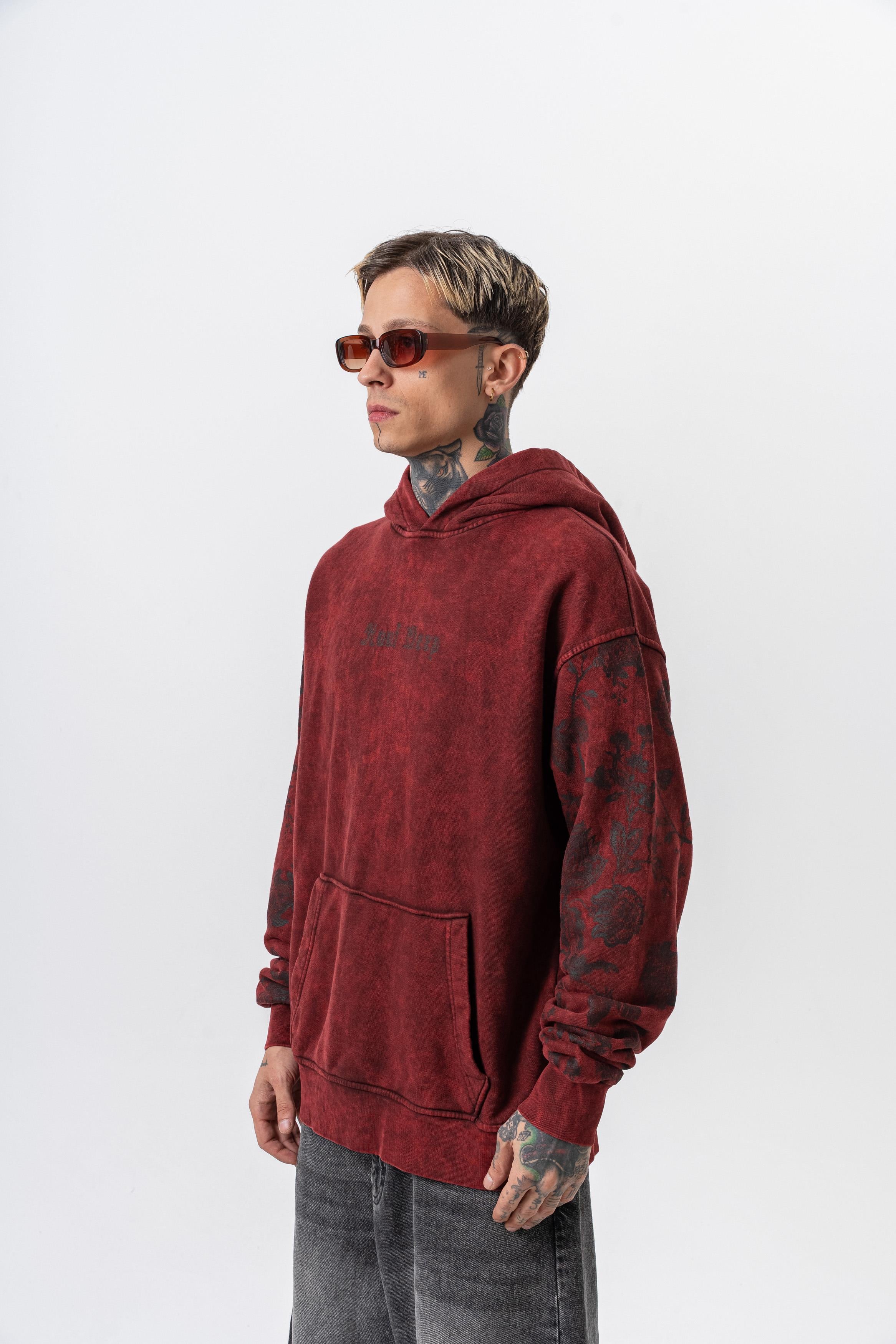 Erkek Root Deep Baskılı Yıkamalı Kapüşonlu Oversize Hoodie Bordo
