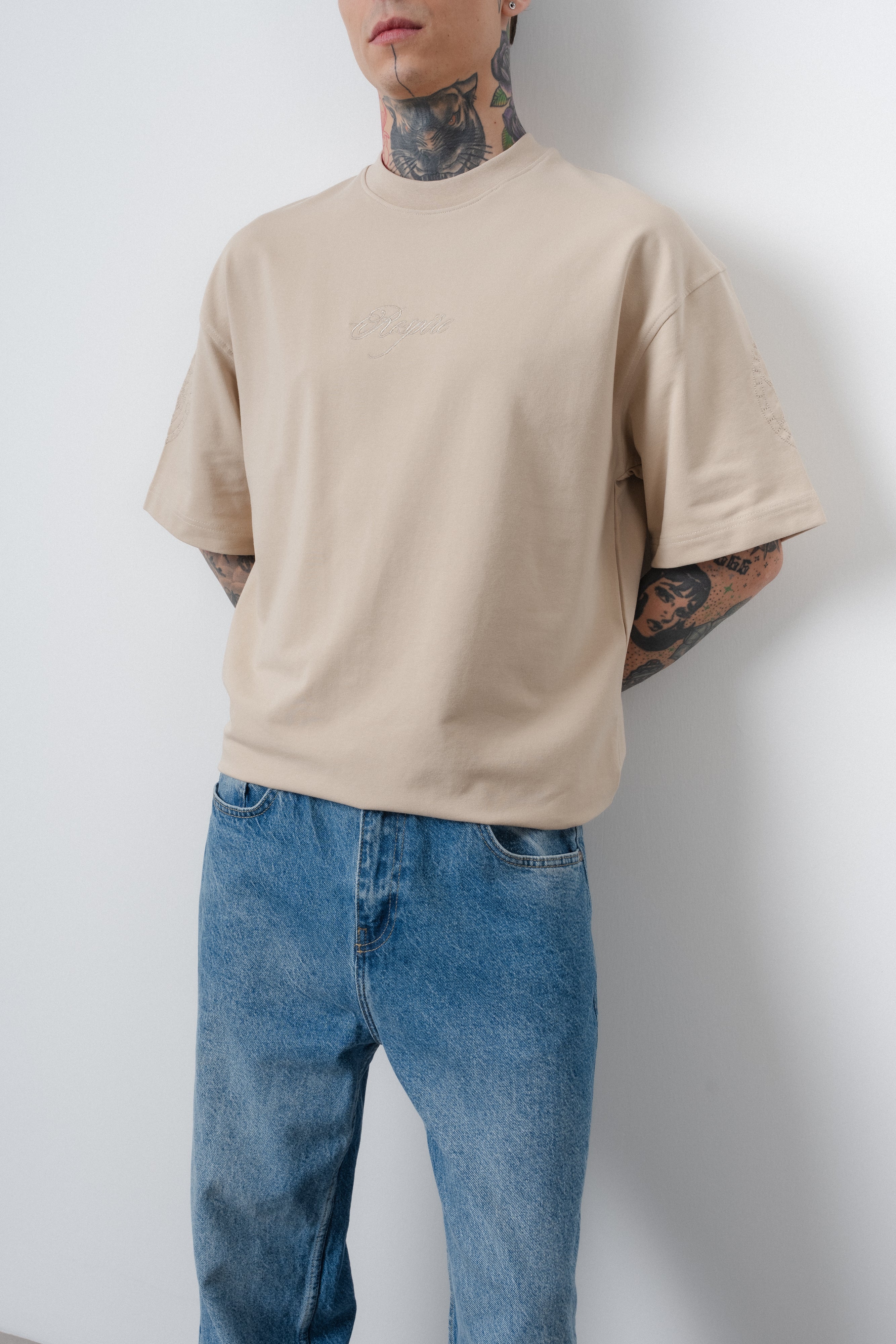 Erkek Rosette Nakış Detaylı Oversize T-Shirt Bej