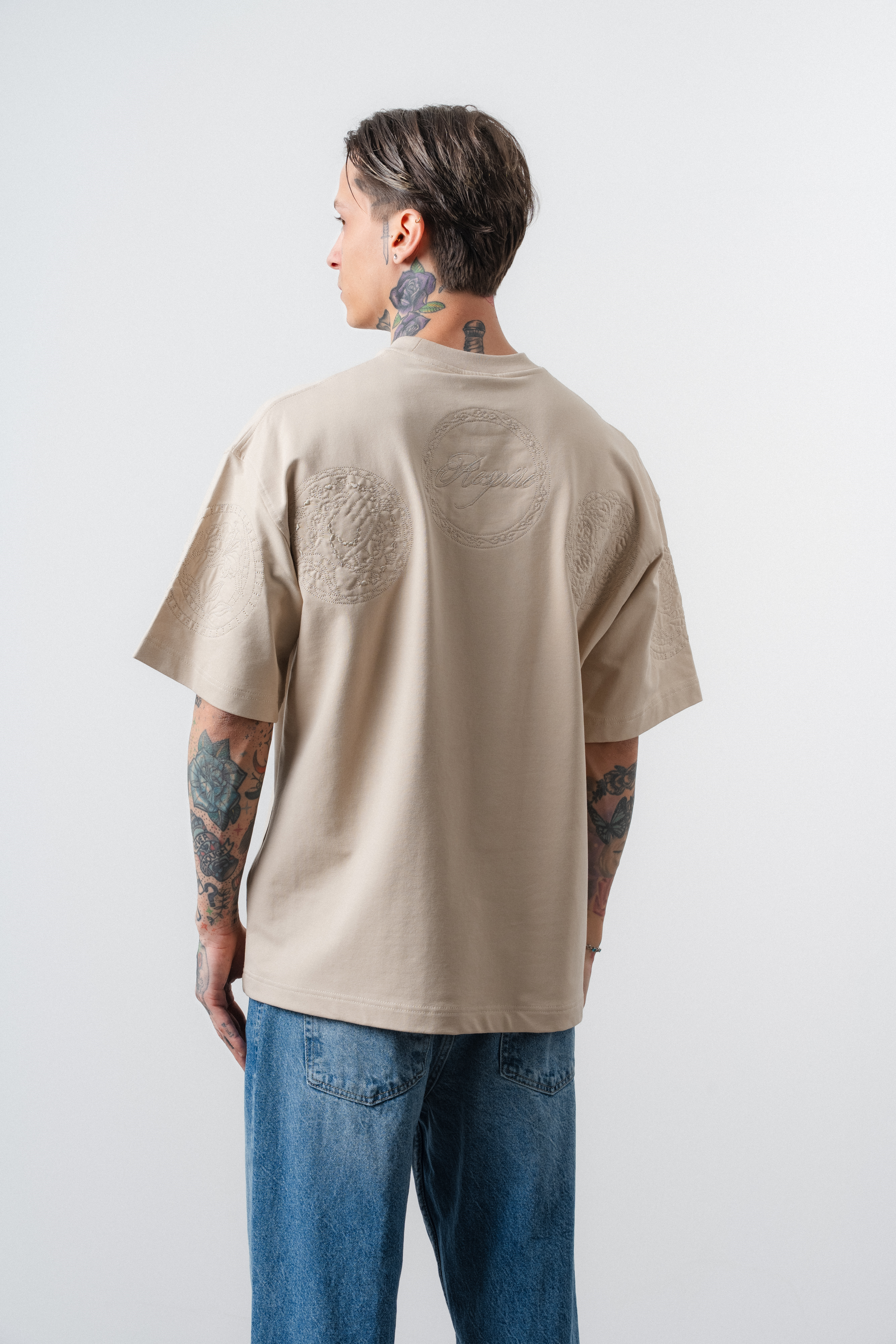 Erkek Rosette Nakış Detaylı Oversize T-Shirt Bej