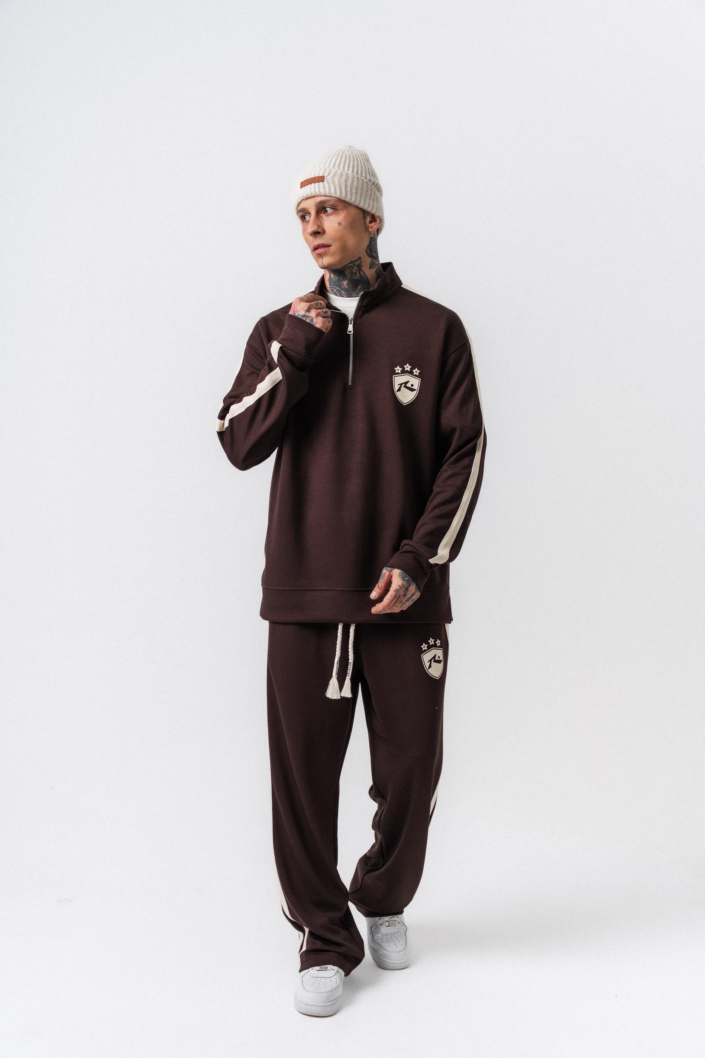 Erkek Şerit Detaylı Yarım Fermuarlı Modal Sweatshirt Kahve