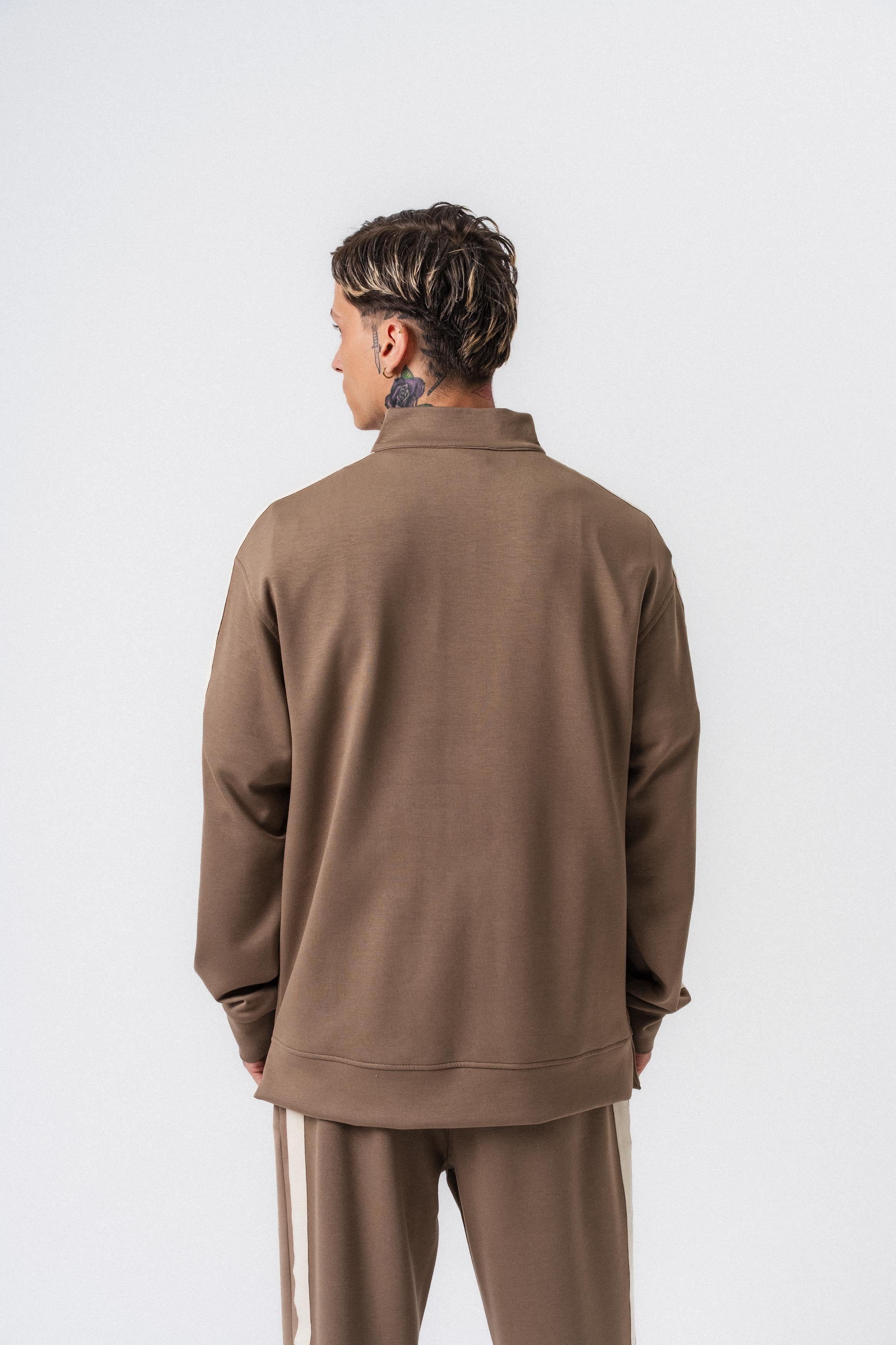 Erkek Şerit Detaylı Yarım Fermuarlı Modal Sweatshirt Vizon