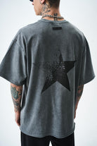 Erkek Star Baskılı Yıkamalı Oversize T-Shirt Gri