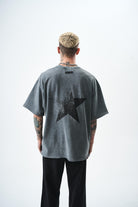 Erkek Star Baskılı Yıkamalı Oversize T-Shirt Gri