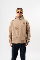 Erkek Süzene Nakış Detaylı Kapüşonlu Oversize Polar Hoodie Bej