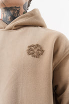 Erkek Süzene Nakış Detaylı Kapüşonlu Oversize Polar Hoodie Bej