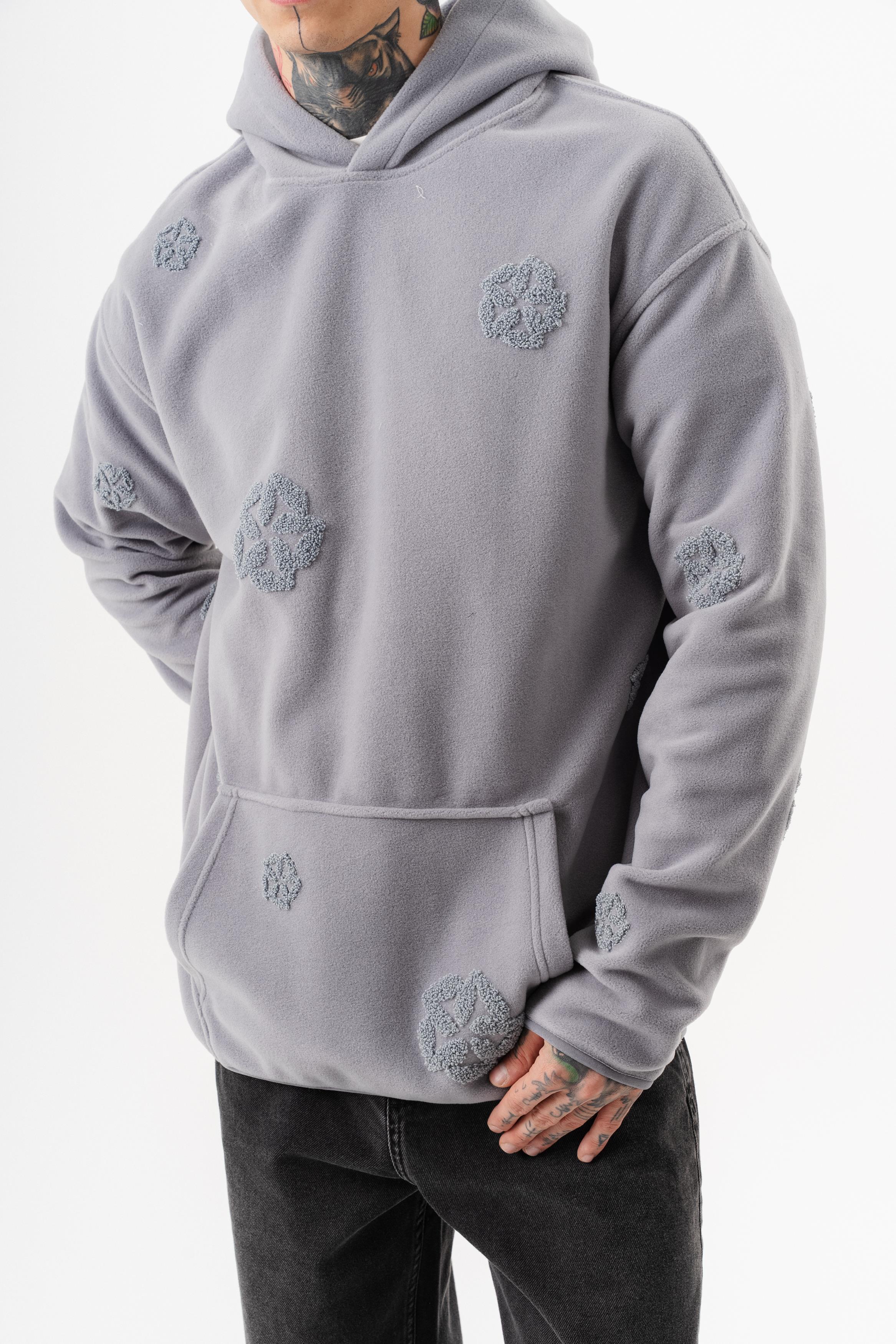 Erkek Süzene Nakış Detaylı Kapüşonlu Oversize Polar Hoodie Gri