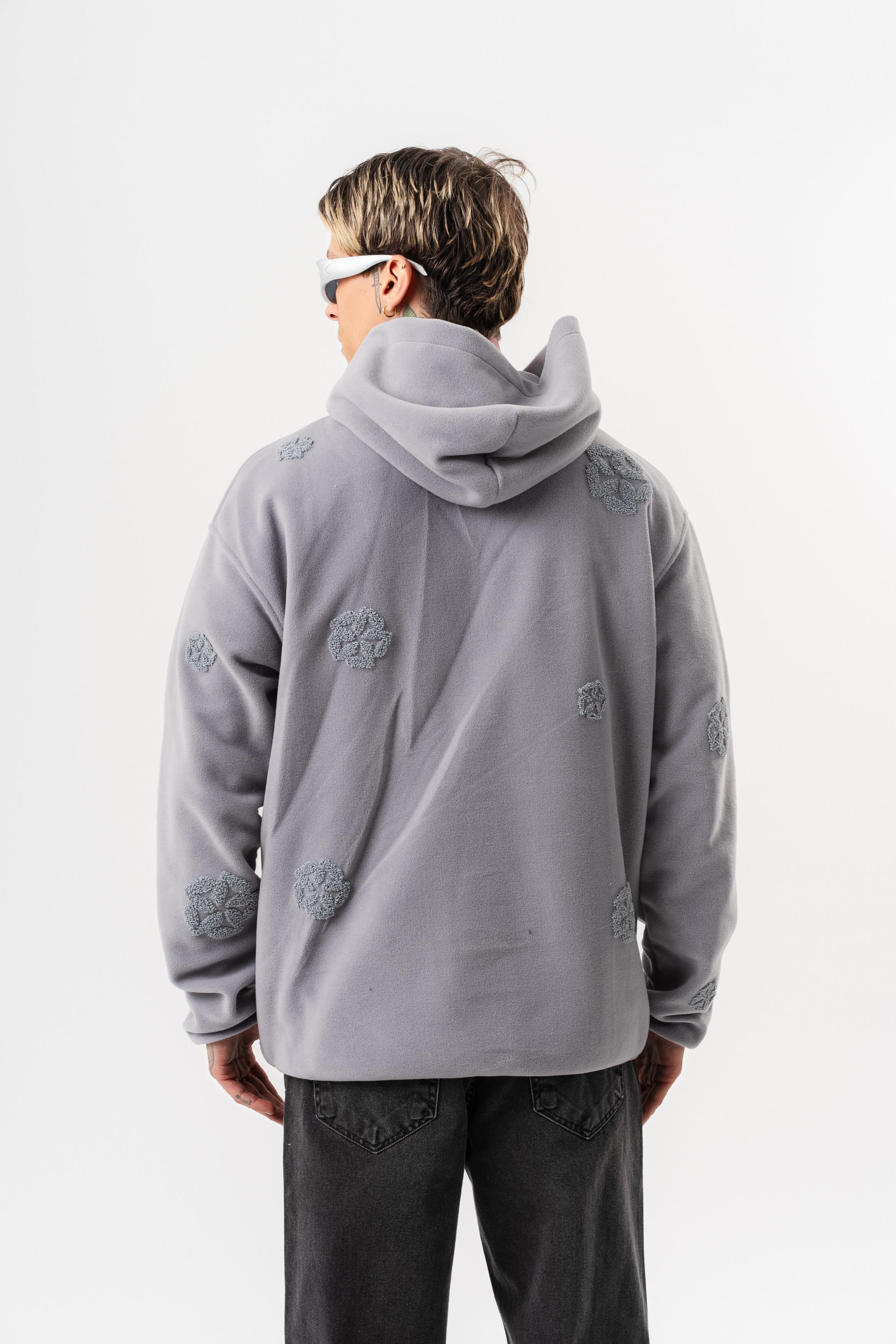 Erkek Süzene Nakış Detaylı Kapüşonlu Oversize Polar Hoodie Gri