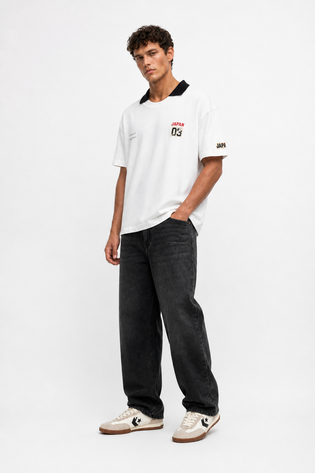 Erkek Yaka Detaylı Oversize T-Shirt Ekru