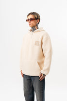Erkek Yarım Fermuarlı Kapüşonlu Oversize Peluş Hoodie Ekru