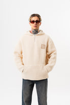 Erkek Yarım Fermuarlı Kapüşonlu Oversize Peluş Hoodie Ekru