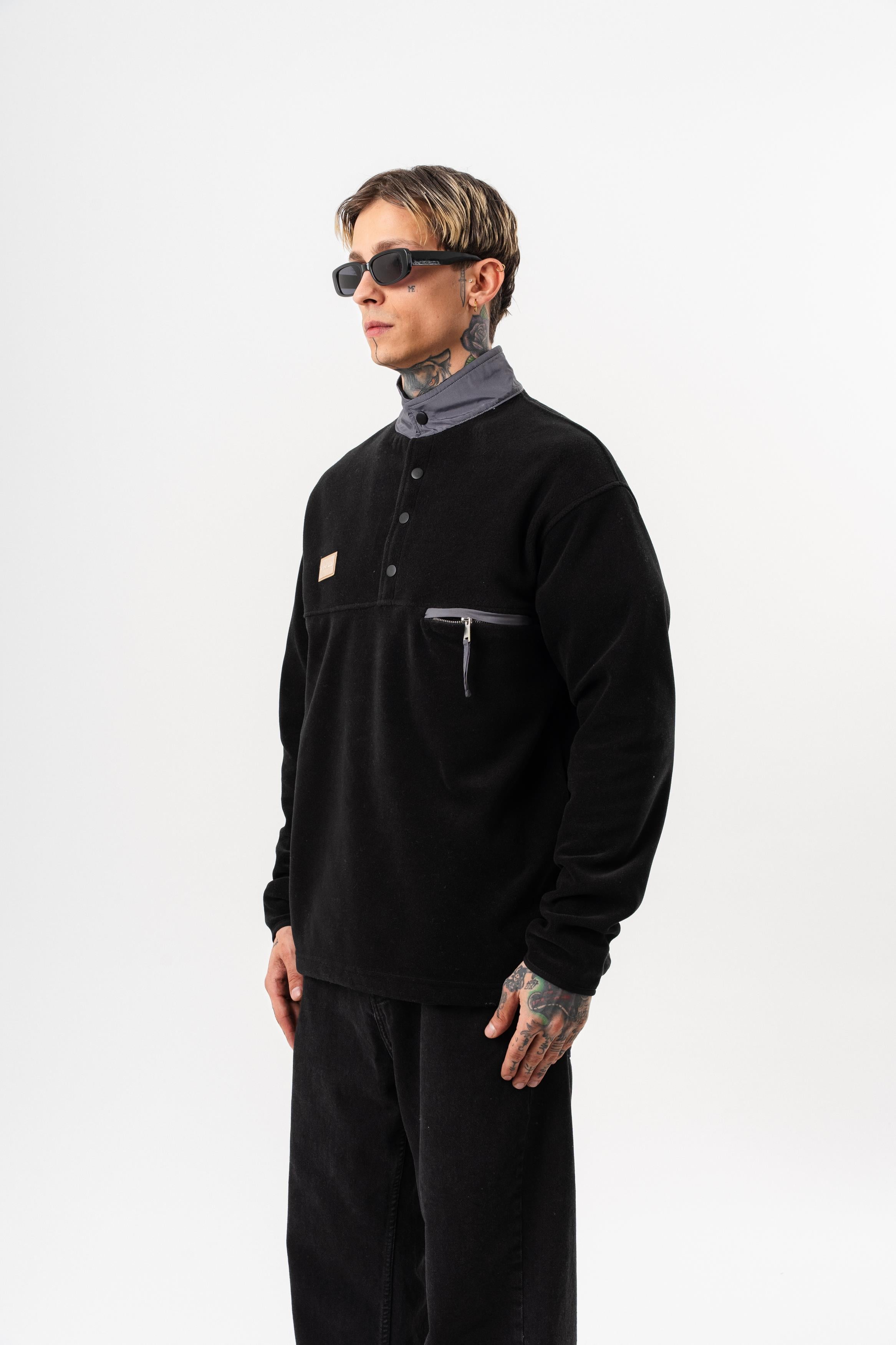 Erkek Düğme Detaylı Oversize Polar Sweatshirt Siyah