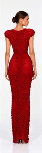Eye-Clasp Ruched Maxi Dress