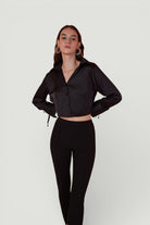 Özel Dokulu Saten Crop Silky Gömlek Siyah