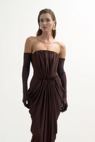 Kahverengi Drape Detayli Straplez Maxi ElbiSe