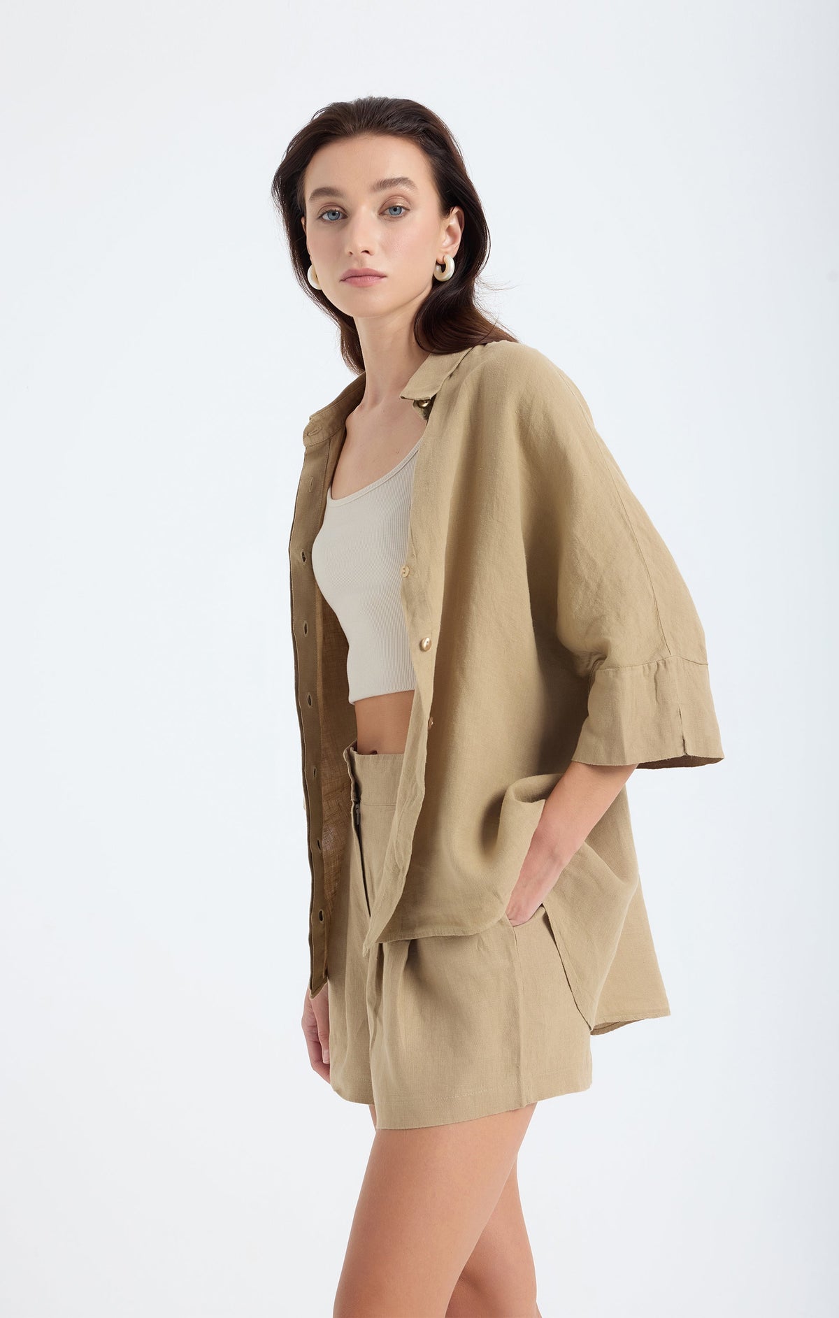 Iyan Oversize Keten Gömlek - Bej