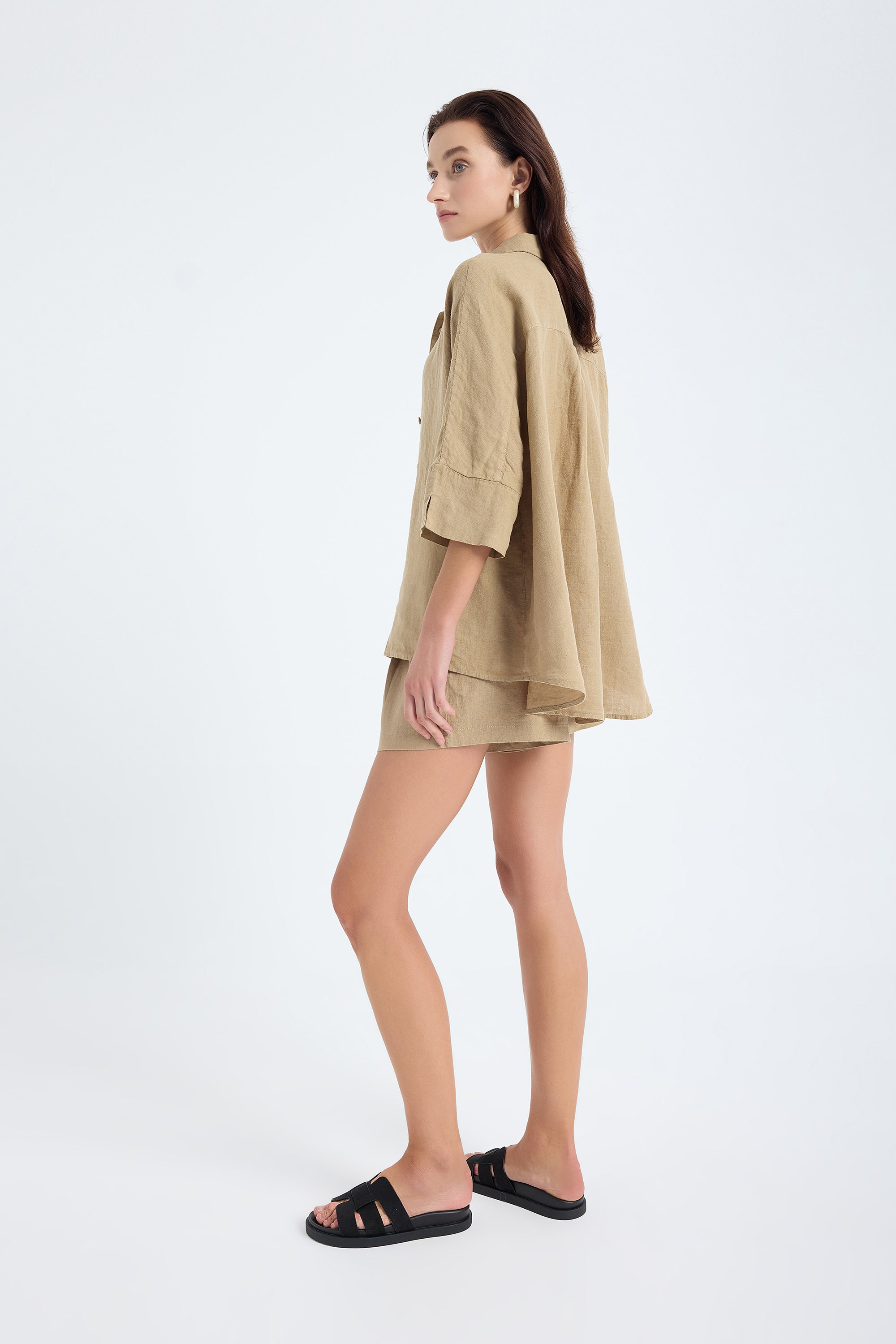 Iyan Oversize Keten Gömlek - Bej