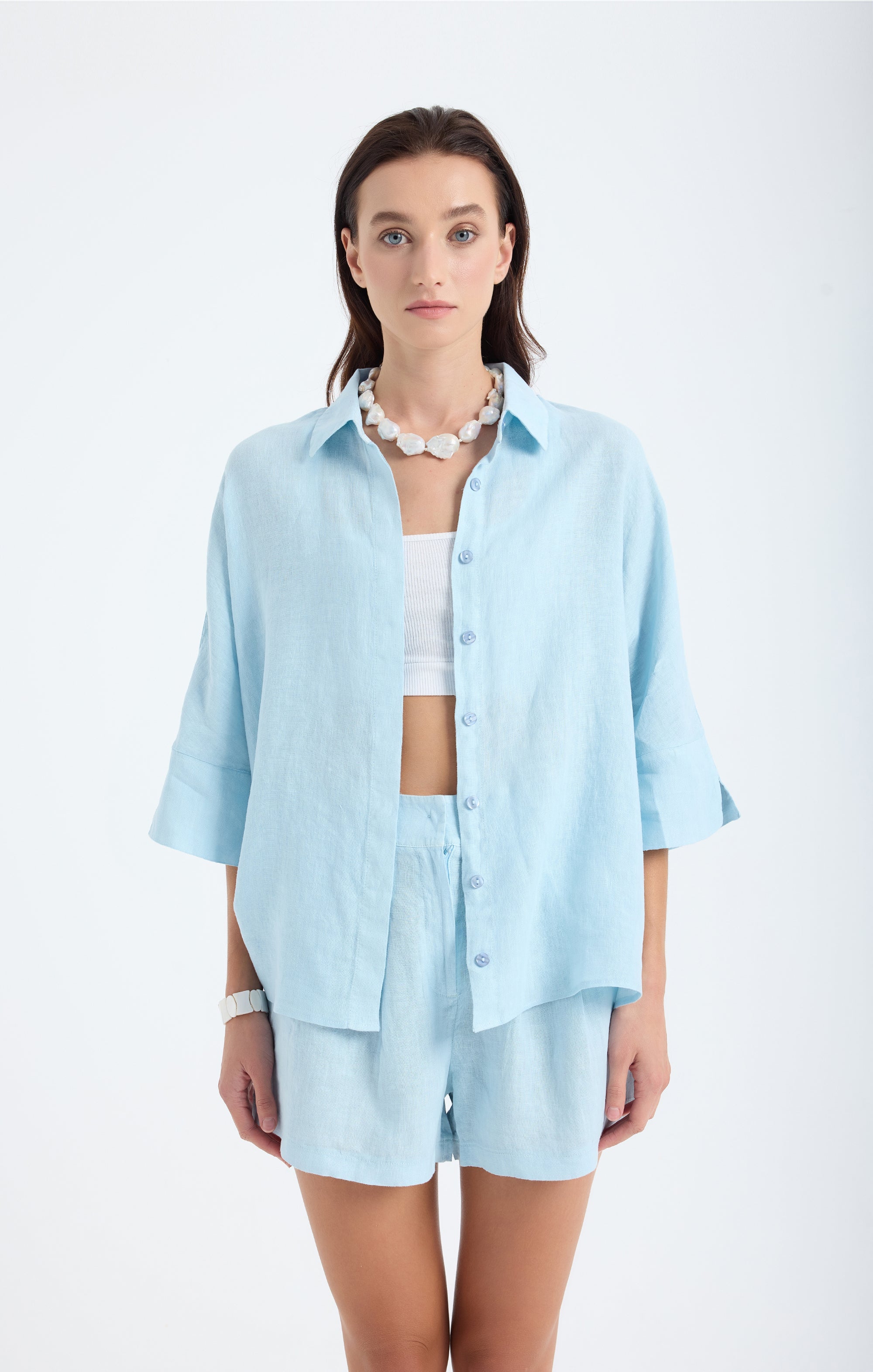 Iyan Oversize Keten Gömlek - Mavi