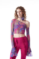 no'design-Baskılı Kolları Fırfırlı Transparan Crop Top-Top-5-Milagron.com