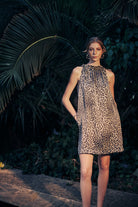 no'design-Boyundan Bağlamalı Cepli Mini Saten Leopar Desenli Elbise-Elbise-3-Milagron.com