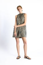 no'design-Boyundan Bağlamalı Cepli Mini Saten Leopar Desenli Elbise-Elbise-5-Milagron.com