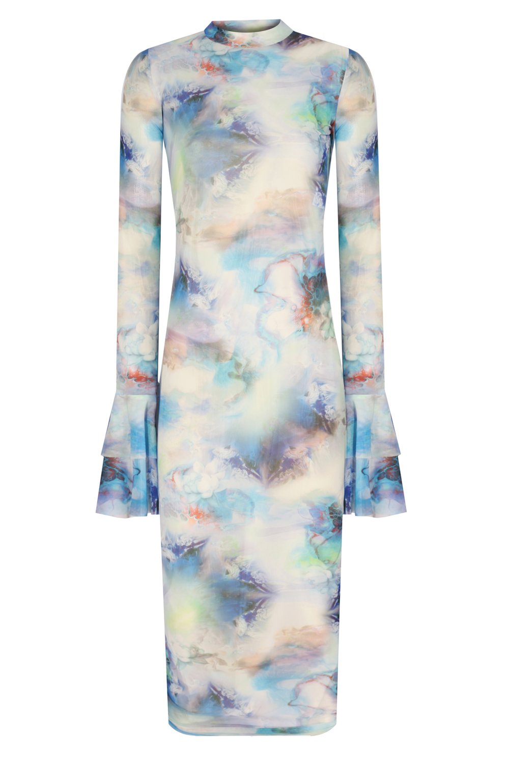 no'design-Kolları Fırfır Detaylı Balıkçı Yaka Baskılı Midi Boy Elbise-Elbise-1-Milagron.com