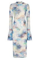 no'design-Kolları Fırfır Detaylı Balıkçı Yaka Baskılı Midi Boy Elbise-Elbise-1-Milagron.com