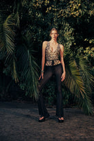 no'design-Siyah Transparan Düşük Bel Bağlama Detaylı İspanyol Paça Pantolon-Pantolon-3-Milagron.com