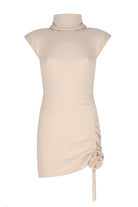 no'design-Uzun Balıkçı Yaka Ayarlanabilir Büzgü Yırtmaç Ve Gül Detaylı Vatkalı Triko Mini Elbise-Elbise-2-Milagron.com