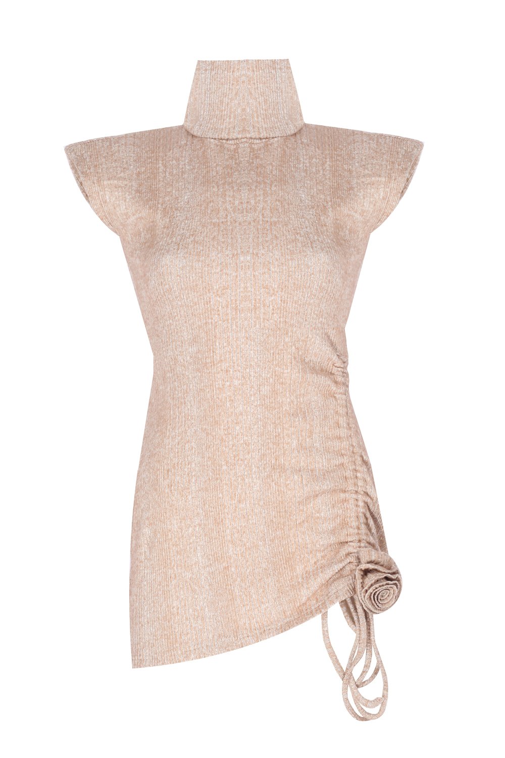 no'design-Uzun Balıkçı Yaka Ayarlanabilir Büzgü Yırtmaç Ve Gül Detaylı Vatkalı Triko Mini Elbise-Elbise-2-Milagron.com