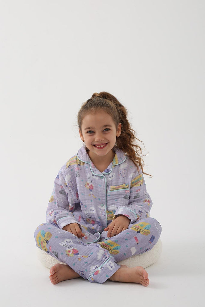 Let's Be Friends | Organik Muslin Pijama Takımı - Lila Okul Desen 3 | Milagron