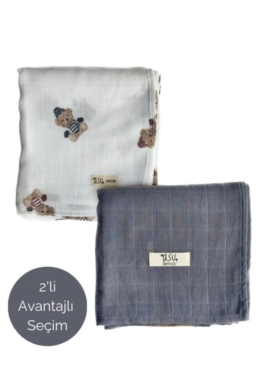 Mix&Match 2'li Organik Pamuk Müslin Vintage Ayı&Navy Blue - 0