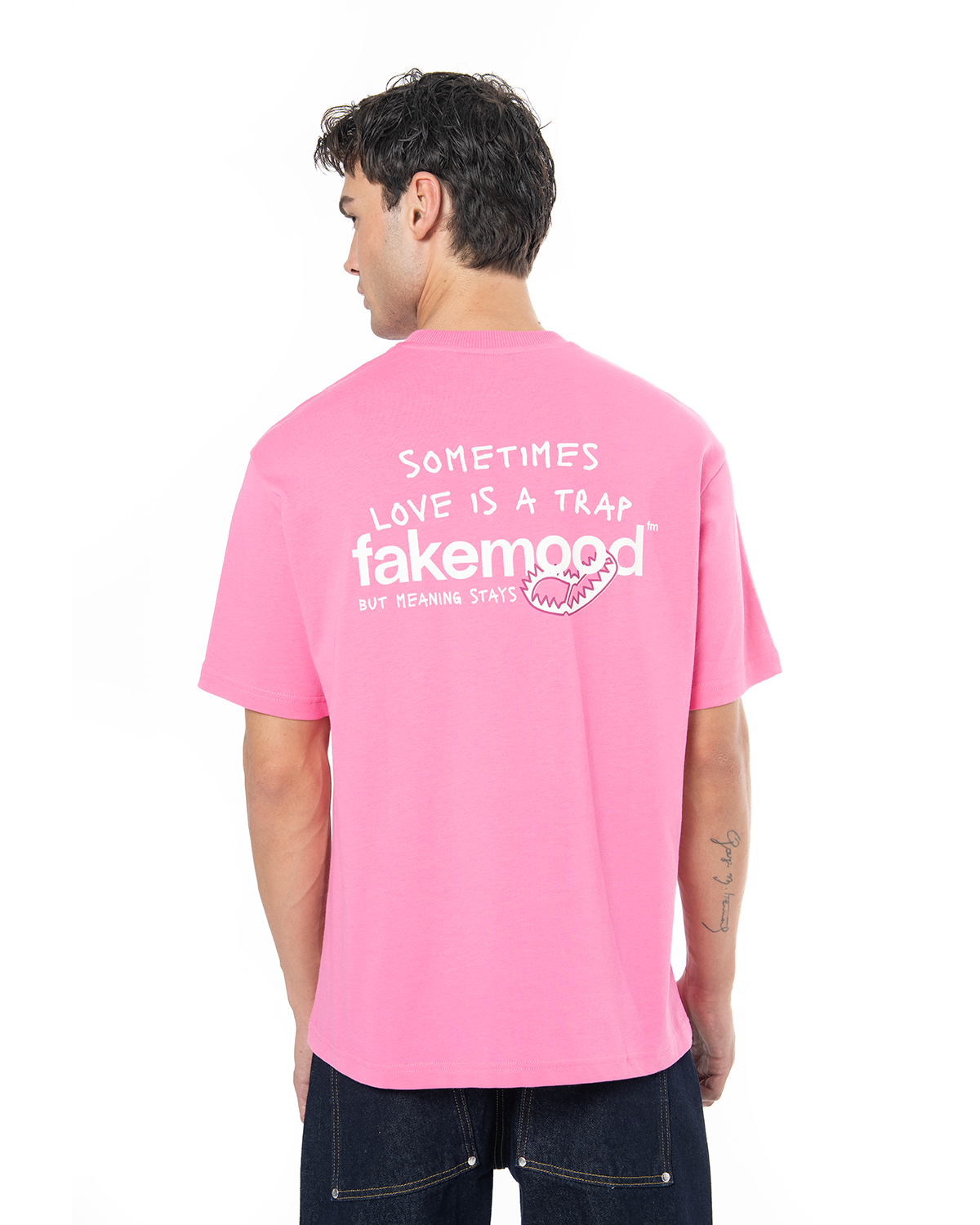 Unisex Oversize Love Is A Trap Baskili TiŞört - Pembe - 2