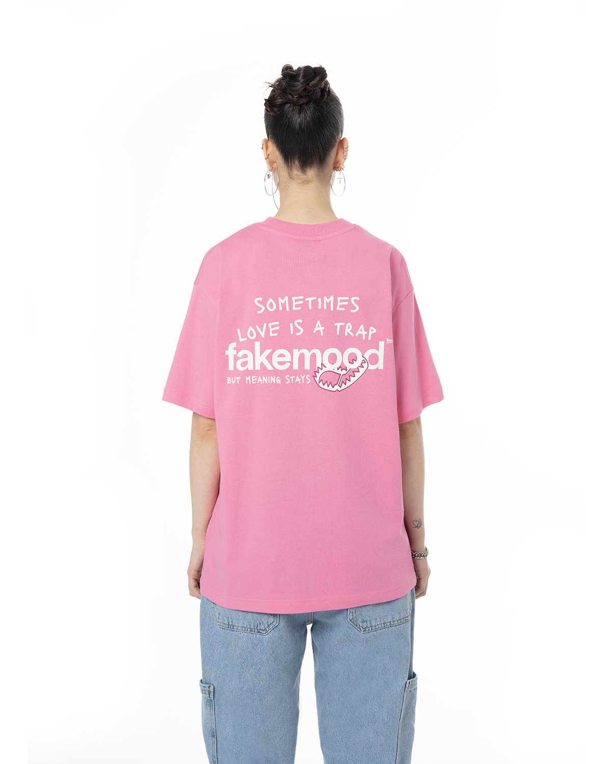 Unisex Oversize Love Is A Trap Baskili TiŞört - Pembe - 7