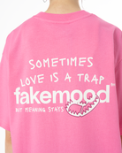 Unisex Oversize Love Is A Trap Baskili TiŞört - Pembe - 8