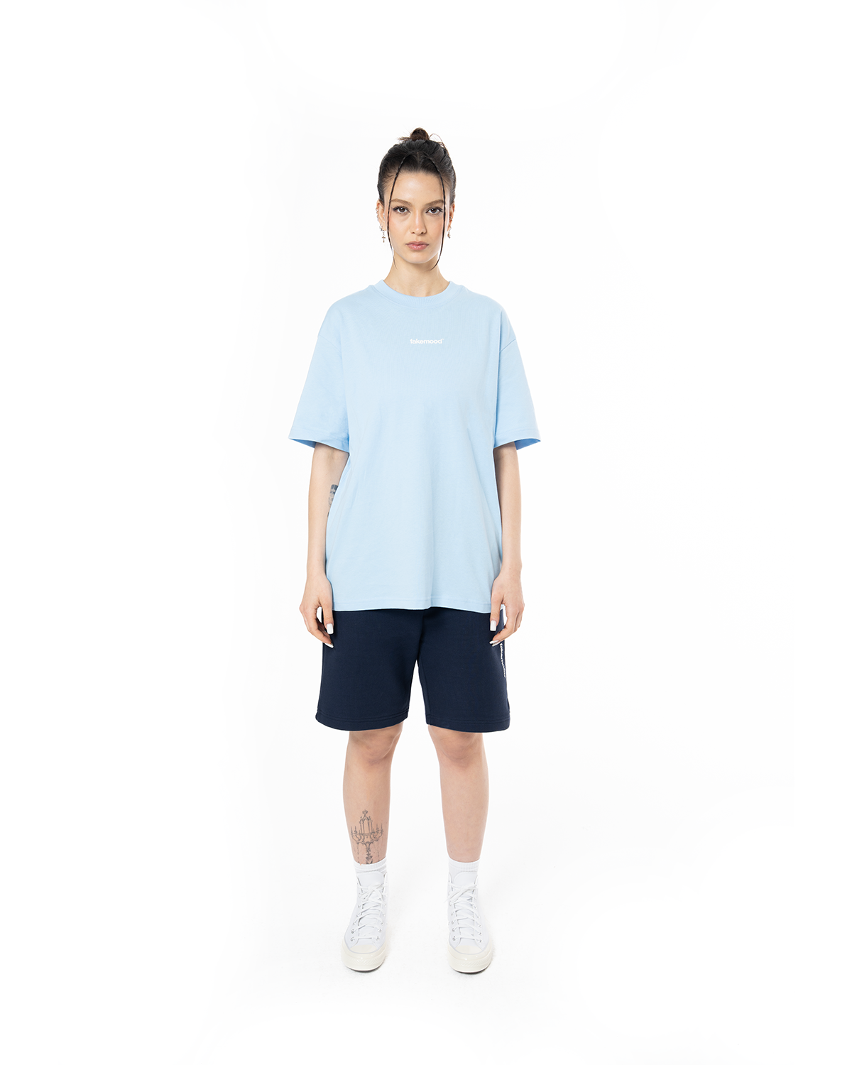 Unisex Relaxed Fit Basic Fakemood Baskili Şort -LaciVert - 4
