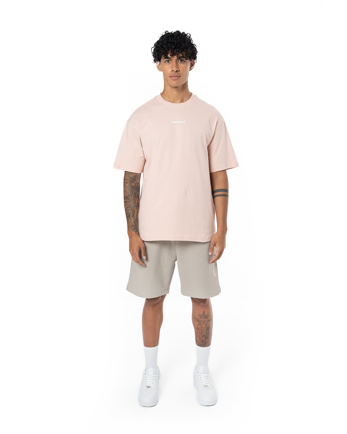 Unisex Relaxed Fit Basic Fakemood Baskili Şort - Taş - 0