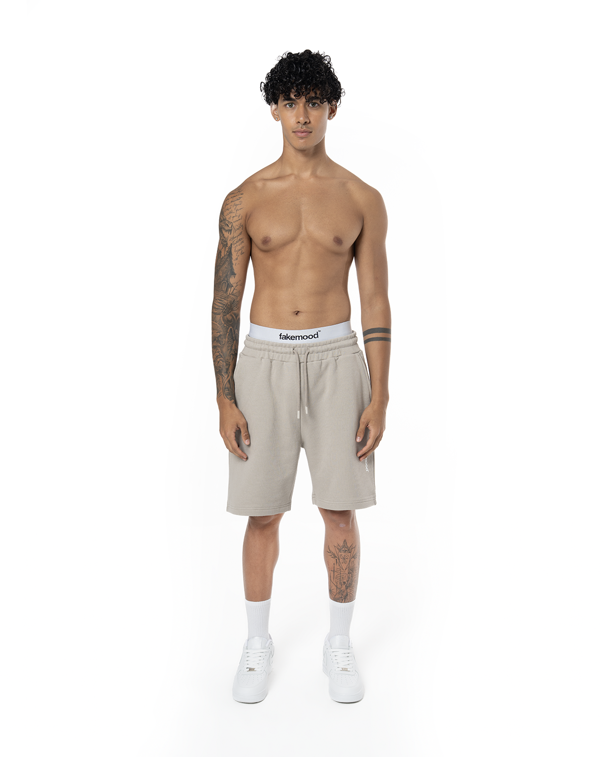 Unisex Relaxed Fit Basic Fakemood Baskili Şort - Taş - 1