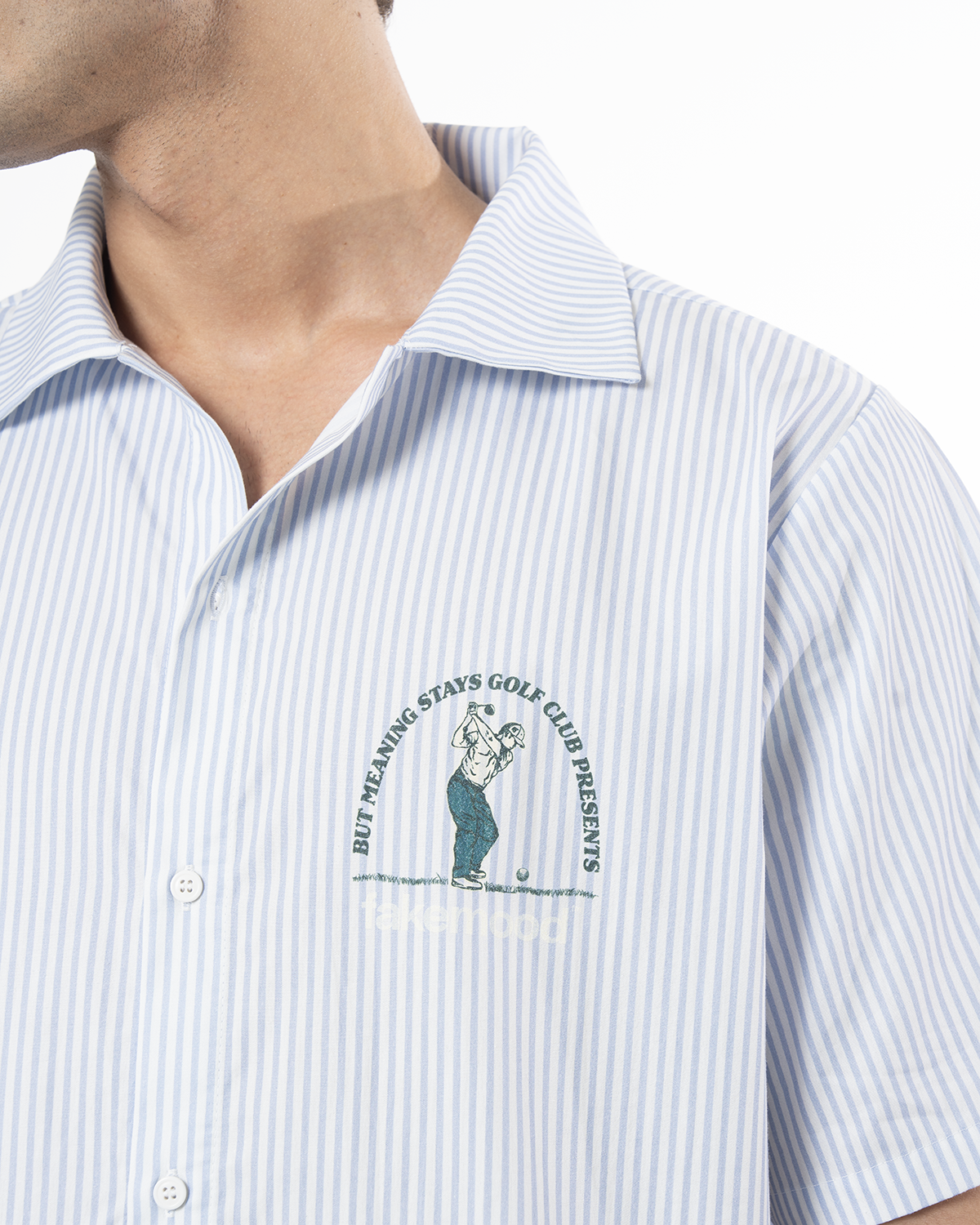 Erkek Oversize ÇiZgiLi Motto Etketli Golf Club Gömlek - Mavi - 2