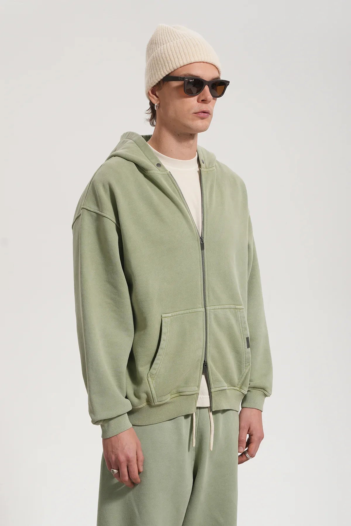 Erkek Oversized Washed Zip Hoodie - Yeşil - 1