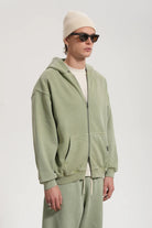 Erkek Oversized Washed Zip Hoodie - Yeşil - 1