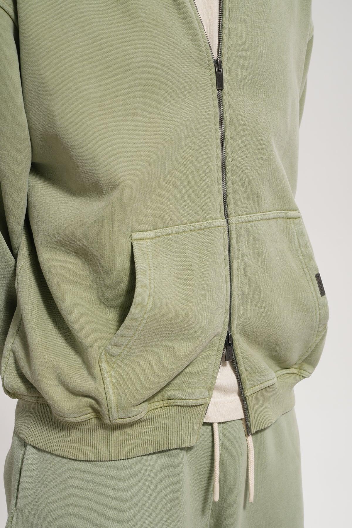 Erkek Oversized Washed Zip Hoodie - Yeşil - 3