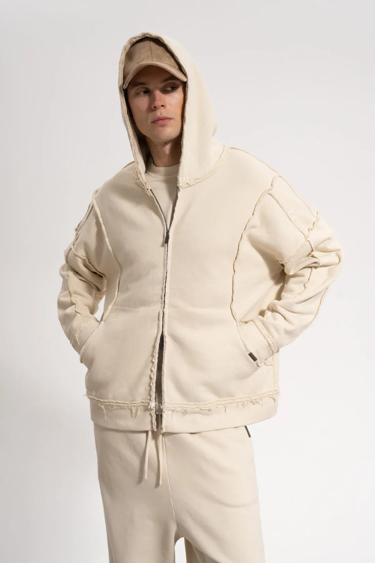 Erkek Oversized Washed Raw Seam Zip Hoodie - Bej - 0